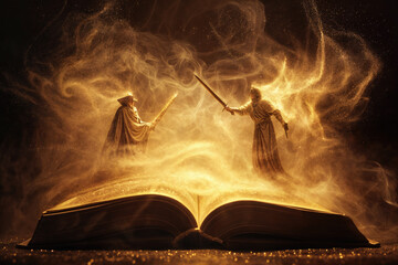 Two knights fighting with swords on a magic book with gold dust