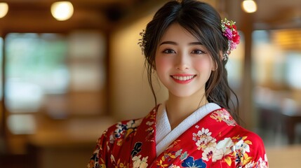 Woman in floral kimono smiling brightly indoors.