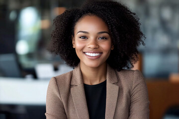 A confident woman in her 30s with a black afro, smiling warmly while dressed in business attire, representing professionalism and positive energy in the workplace