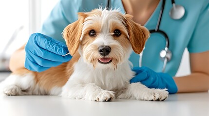 A woman comforting her dog while a veterinarian gives it a shot, caring environment, realistic lighting, high detail, isolated on white background