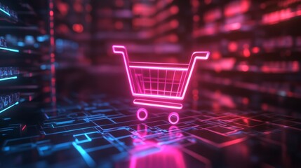 Neon Shopping Cart Icon on Abstract Digital Surface.