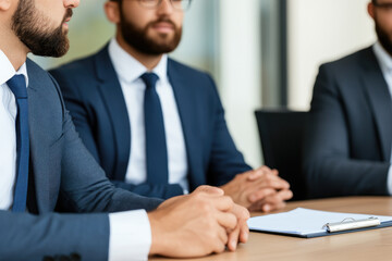 Fototapeta premium Business Meeting Atmosphere, three professionals in tailored suits engaged in a serious discussion, formal environment suggesting strategy planning or decision making.