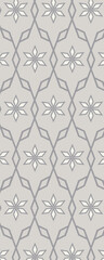 A geometric pattern featuring symmetrical floral designs in gray tones on a light background, suitable for wallpaper or textile design.