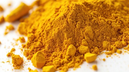 A close-up of turmeric powder, carefully arranged in a heap on a white background