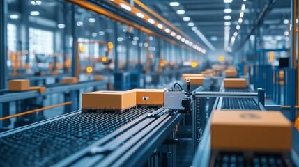 A modern automated conveyor system transports packages through an industrial facility, representing efficiency, technology, and streamlined production.