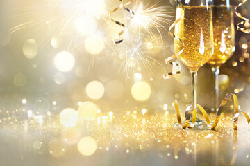 Champagne - New Year Event Celebration Or Anniversary With Golden Abstract Background