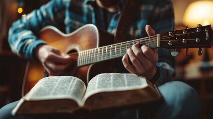a family's devotion captured in a moment of worship, reading the bible collectively and singing with an acoustic guitar in a serene and homey environmen