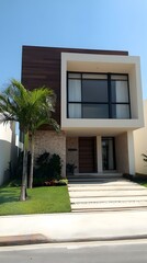Modern House with Wooden Facade and Palm Trees