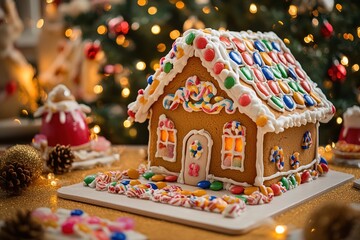 Naklejka premium Gingerbread house on festive background with lights