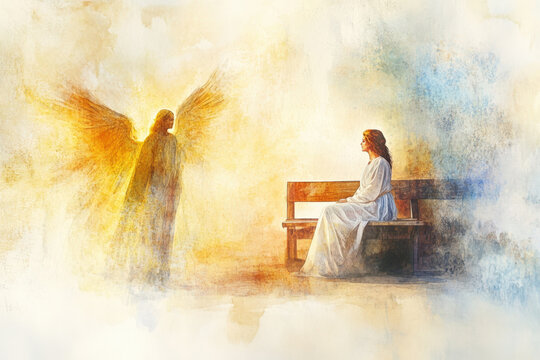 Watercolor painting of angel gabriel with big white wings appearing to virgin mary sitting on a bench