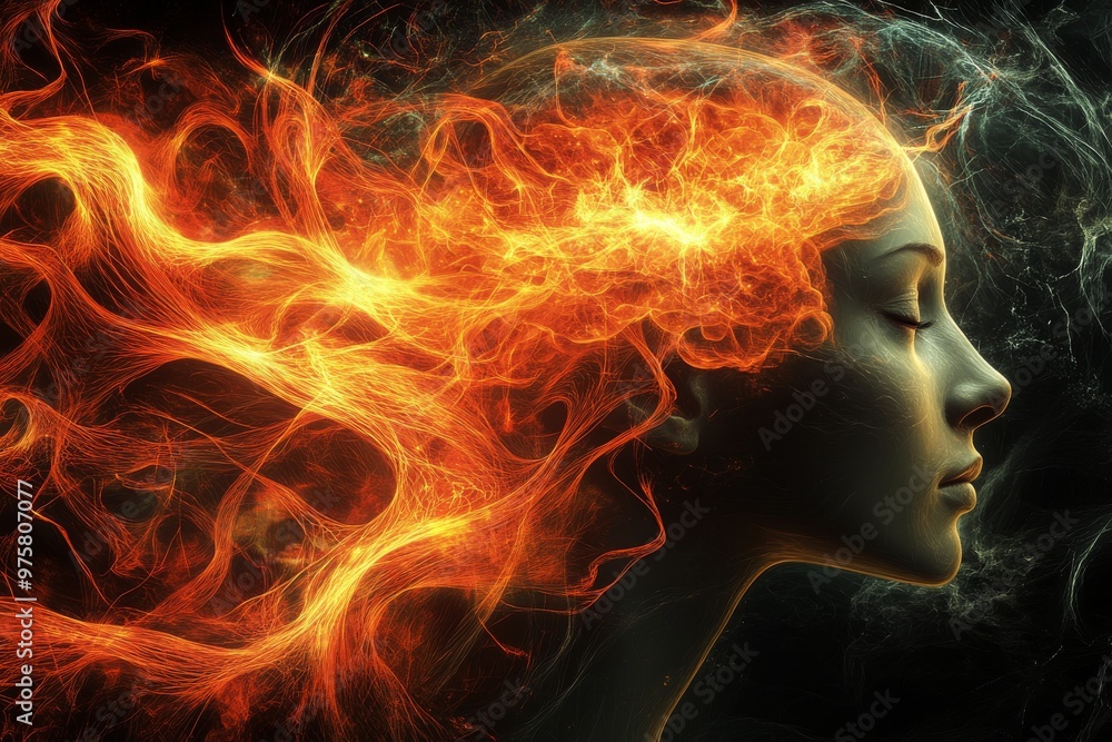 Poster fiery neural energy flows from a womans profile symbolizing intense thought processes creativity and