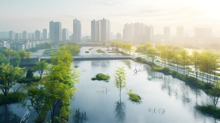 Obraz premium Resilient Urban Waterfront with Climate Adaptive Infrastructure for Stormwater Management and Flood Prevention