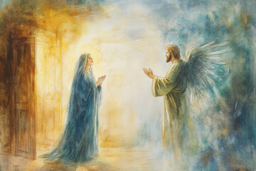 Watercolor painting of the annunciation with the angel gabriel announcing to the virgin mary that she will give birth to jesus