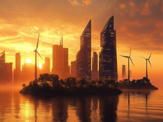 futuristic ecocity with floating wind turbines and solarpowered skyscrapers at sunset