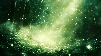 Enchanted Forest with Green Mist and Lights
