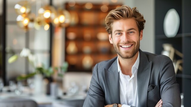 A smiling business person stands confidently in a contemporary office environment