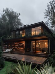 Modern Wooden Cabin Home with Large Deck and Windows