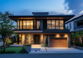 Fototapeta premium Modern Two Storey House with Stone Facade and Wooden Garage Door