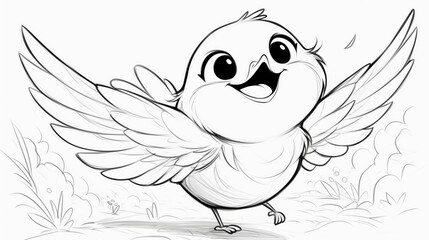 Obraz premium A coloring page of a cheerful cartoon bird spreading its wings, expressing joy, fun, and animated character design.