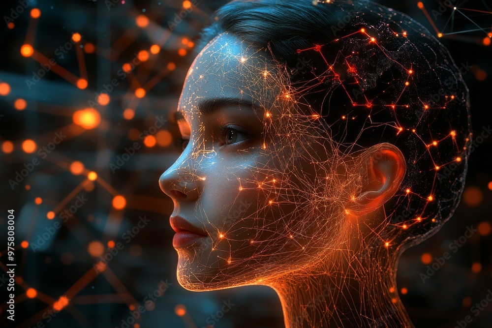 Canvas Prints Neural connections and glowing orange waves light up a womans face symbolizing mental energy brain activity and the intersection of modern technology with human consciousness