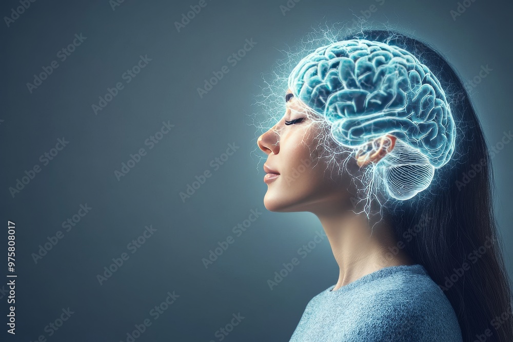Poster a woman with a glowing brain shows the intricate beauty of neural networks and brain mapping symboli