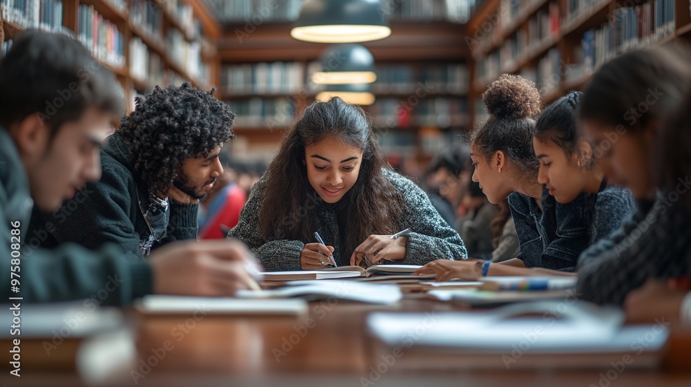 Poster multicultural university students in a dynamic group study session at a high school library, highlig