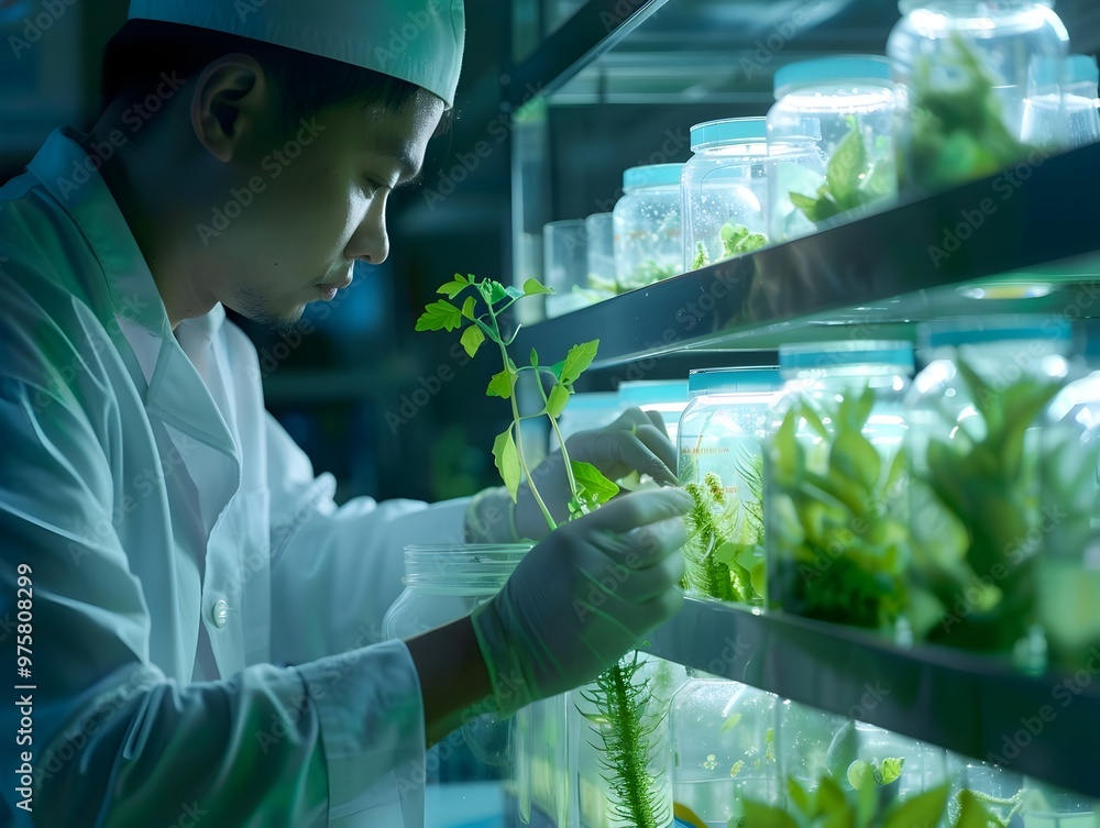 Poster scientist observing genetically modified microorganisms for environmental applications in lab