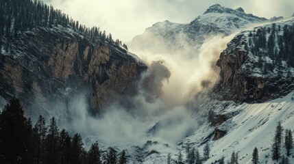 Mountain cliff collapse during a landslide, with clouds of dust rising and rocks crashing below.