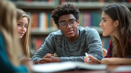 engaging academic session in a high school library with multiracial university students, fostering a culture of diverse learning and collaboration