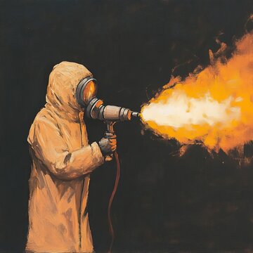 A figure in a protective suit uses a flame thrower against a dark backdrop, symbolizing danger and industrial safety.