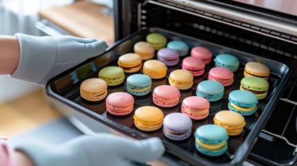 Close-up of gloved hands holding a tray of freshly baked colorful macarons coming out of the oven in a kitchen.