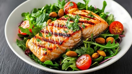 Infographic of a weight loss salad recipe, detailing ingredients like grilled fish, leafy greens, nuts, and a light dressing