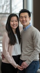 Obraz premium An Asian couple share a warm embrace as they look lovingly at the camera 