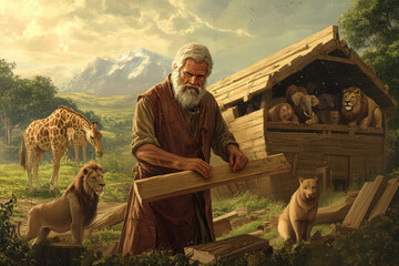 Noah diligently building the ark with animals patiently waiting nearby