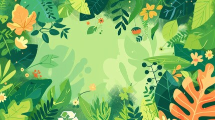 Colorful illustration of leafy green branches with yellow and orange flowers.