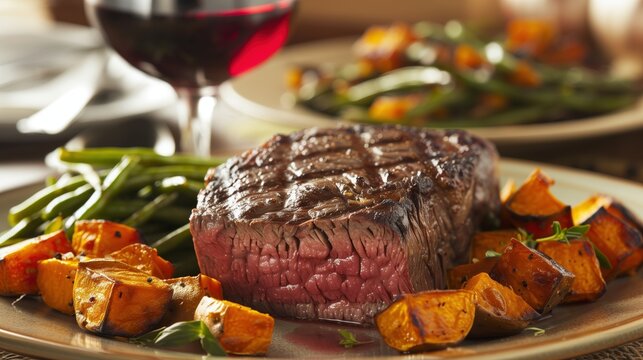 Juicy grilled steak served with roasted potatoes, green beans, and a glass of red wine, perfect for a gourmet dining experience.