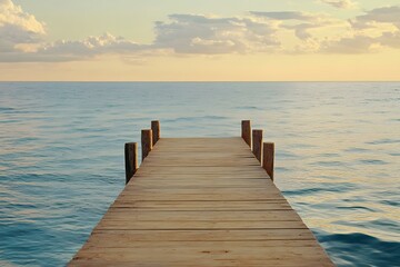 Wooden Pier Extending Out Over Calm Ocean Water