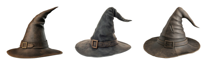 Set of a witch's hat with a pointed tip and a buckle isolated on a transparent background