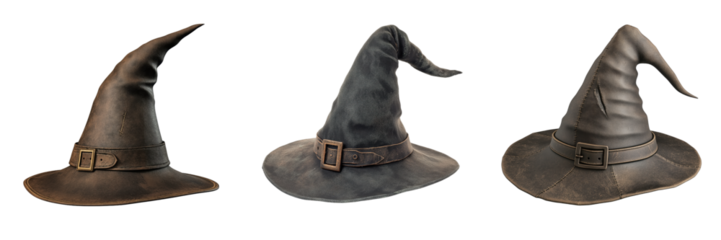 Set of a witch's hat with a pointed tip and a buckle isolated on a transparent background