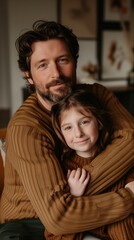 A father holds his daughter lovingly in their living room, capturing a tender moment