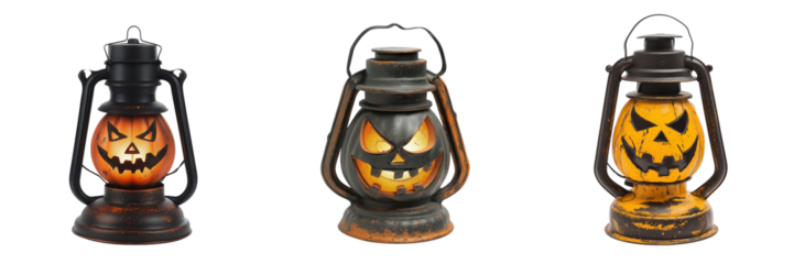 Set of a Halloween lantern with a scary face isolated on a transparent background