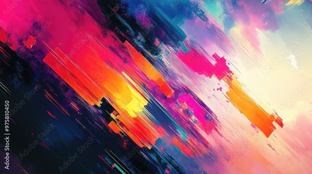 Poster dynamic abstract background with colorful digital glitches, creating an energetic and vibrant visual