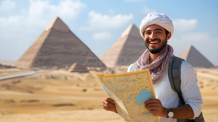 A smiling egyptian male tour guide holds a map in front of the great pyramids with a bright sky background, showcasing a joyful travel experience