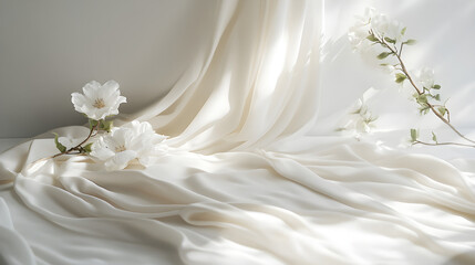 Fototapeta premium Soft, elegant fabric draped over a white surface with delicate white flowers creating a serene and tranquil ambiance
