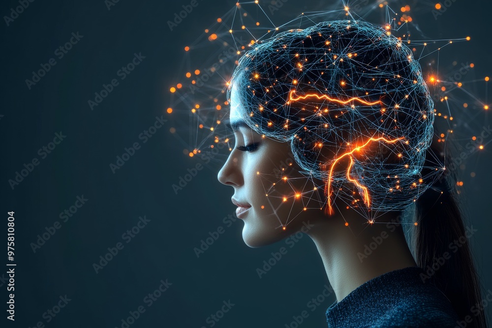Poster a woman with a glowing neural brain represents intellectual power neural connections and the develop
