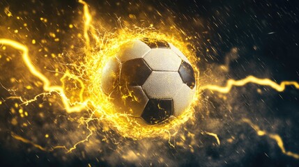 Fototapeta premium Dynamic image of a football amid yellow lightning bolts, representing power and energy in the game.