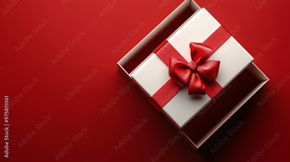 Poster blank white gift box open or top view of white present box tied with red ribbon bow isolated on dark