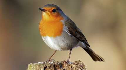 A small robin with bright orange chest perched on a stump against a blurred, warm autumn background