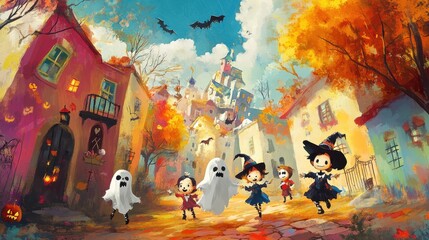 Obraz premium Halloween Trick-or-Treat in a Charming Autumn Town