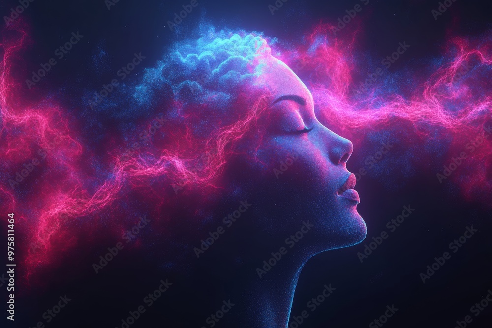 Aufkleber a woman with a glowing red neural brain represents the vibrant power of mental energy and the dynami